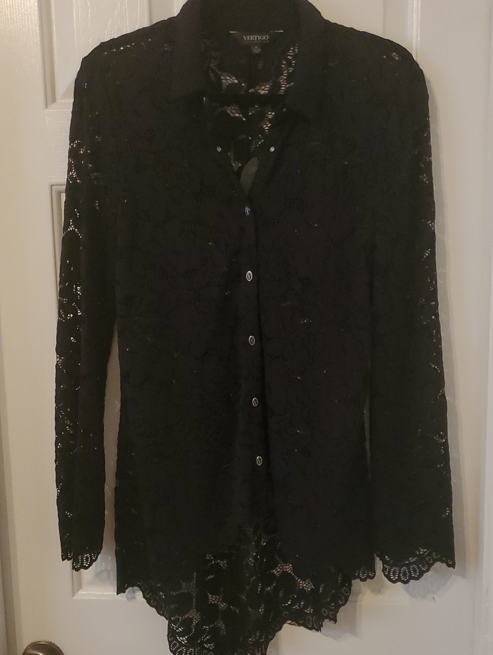 Vertigo Paris Black Floral Lace Snap Button-Down Blouse